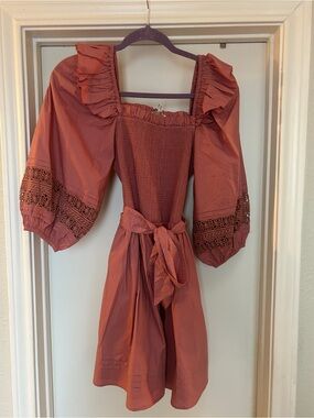 Cleobella Rust Red Mini Dress with Puff Sleeves
